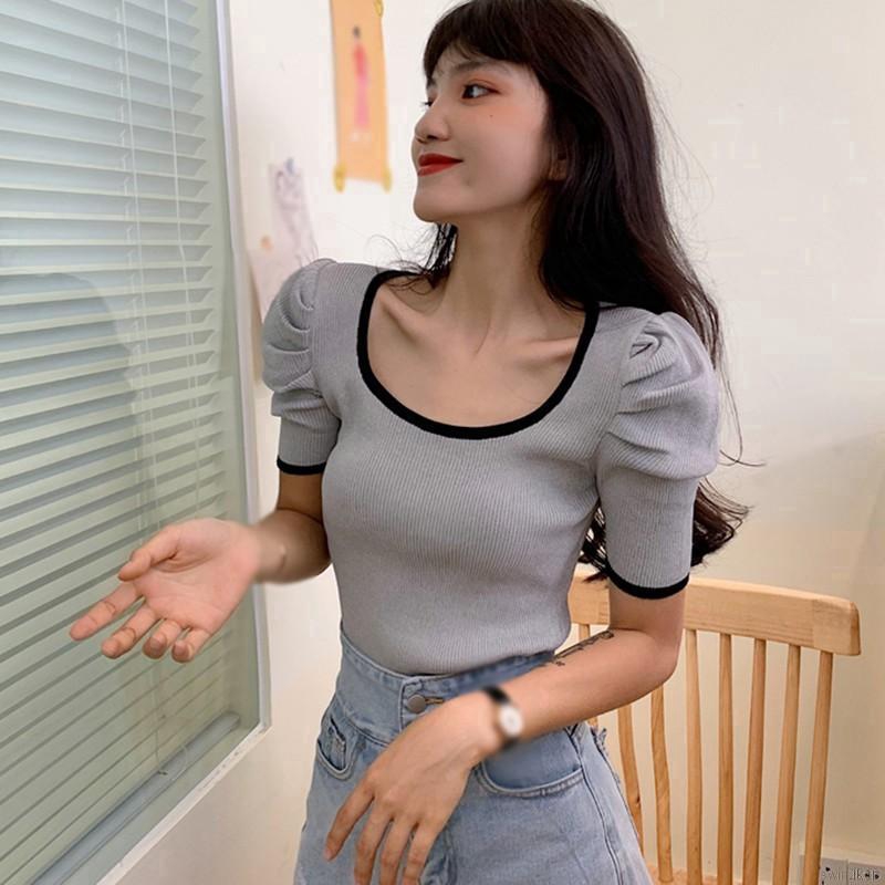 Áo Croptop Dệt Kim Tay Ngắn Cổ Vuông Phong Cách Hàn Quốc