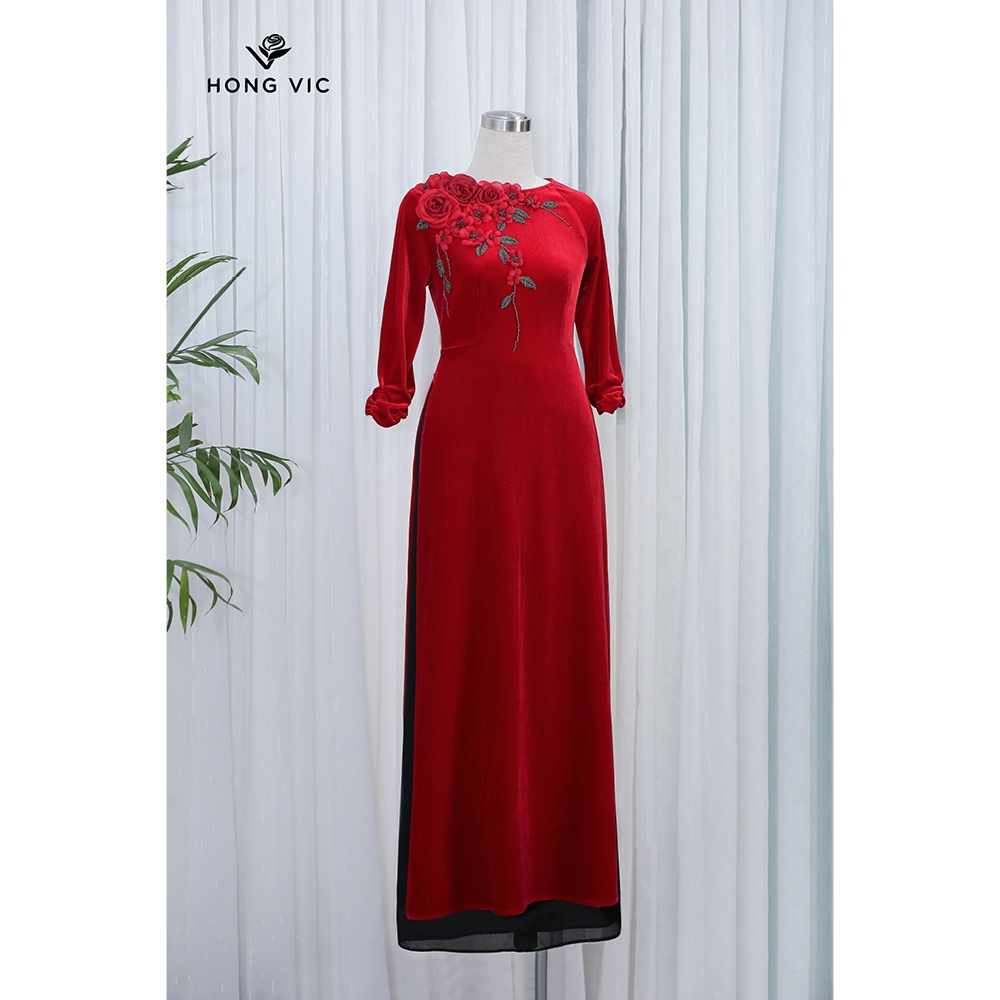 Áo dài nữ Hongvic nhung đỏ cổ thuyền AD18