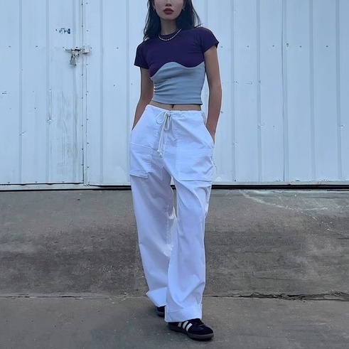 Quần Dài Ống Rộng Lưng Thấp Phối Dây Rút Phong Cách Cổ Điển Thời Trang Đường Phố Cho Nữ Y2K