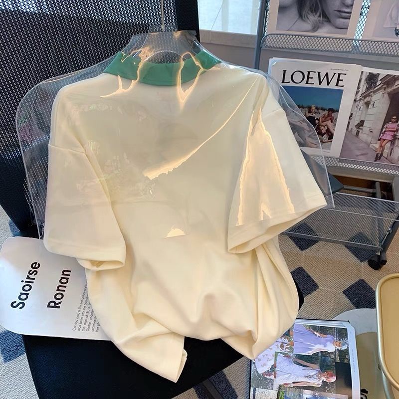 Áo polo Tay Ngắn Màu Sắc Tương Phản Chất Liệu Cotton Thoáng Khí Dành Cho Nữ