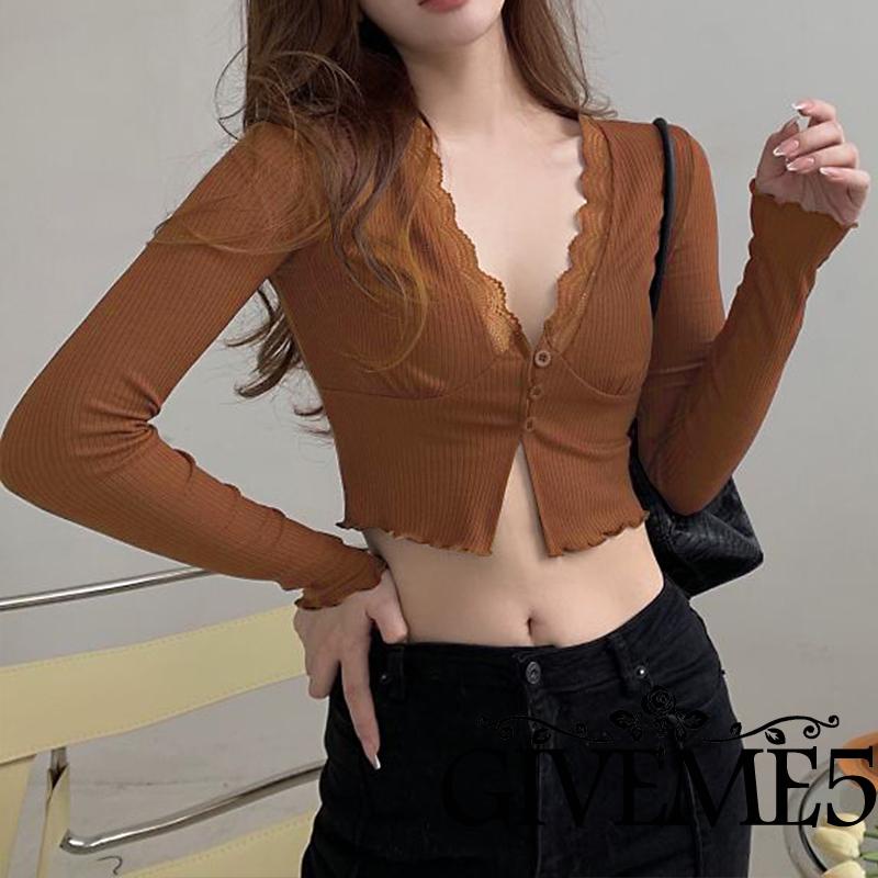 Áo Crop Top Tay Dài Cổ Chữ V Phối Ren Thời Trang Cho Nữ