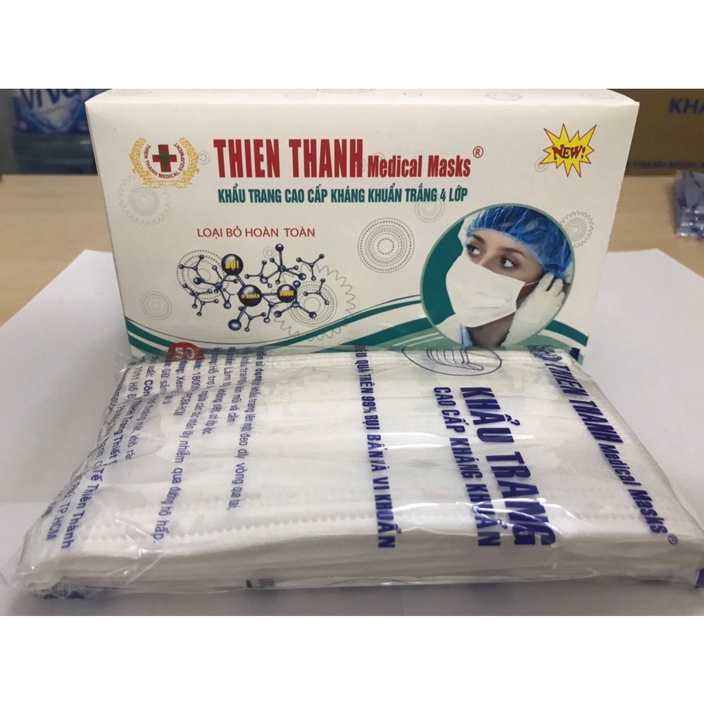 Khấu Trang Y Tế Cao Cấp 4 Lớp Thiện Thanh [Chính Hãng] 1 Hộp/50 cái.Tặng kèm 10 Khẩu Trang Khi Mua 2 Hộp.