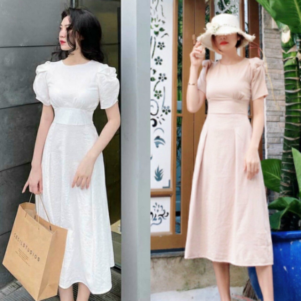 Váy Dự Tiệc Dán Xòe Cổ Tròn AKARA AK23 Phối Tay Bèo Nhúng Size SML