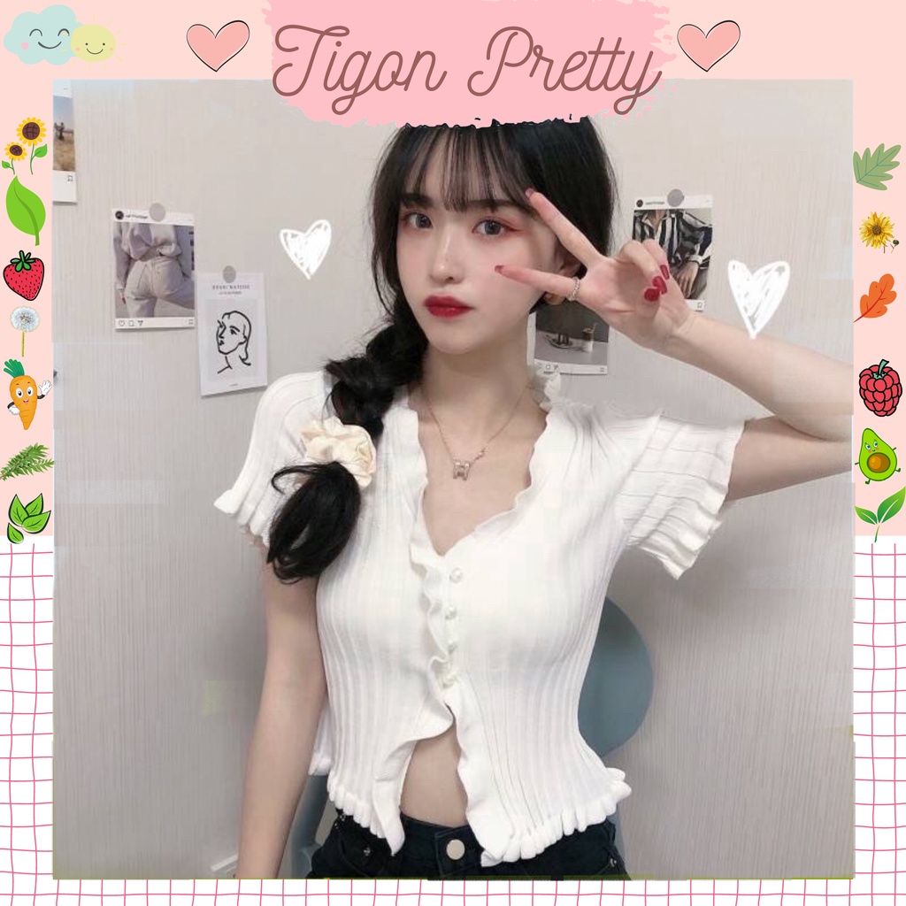 [ Ành Thật] Áo croptop viền bèo ngắn tay đơn giản thời trang