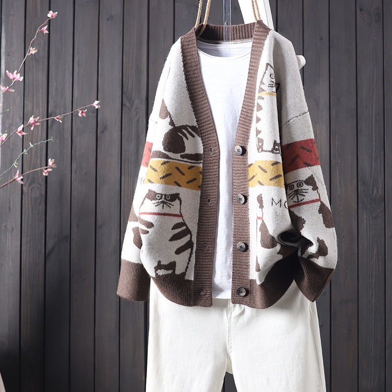 Áo khoác cardigan dệt kim dáng rộng gài nút in hình mèo dễ thương thời trang cho nữ