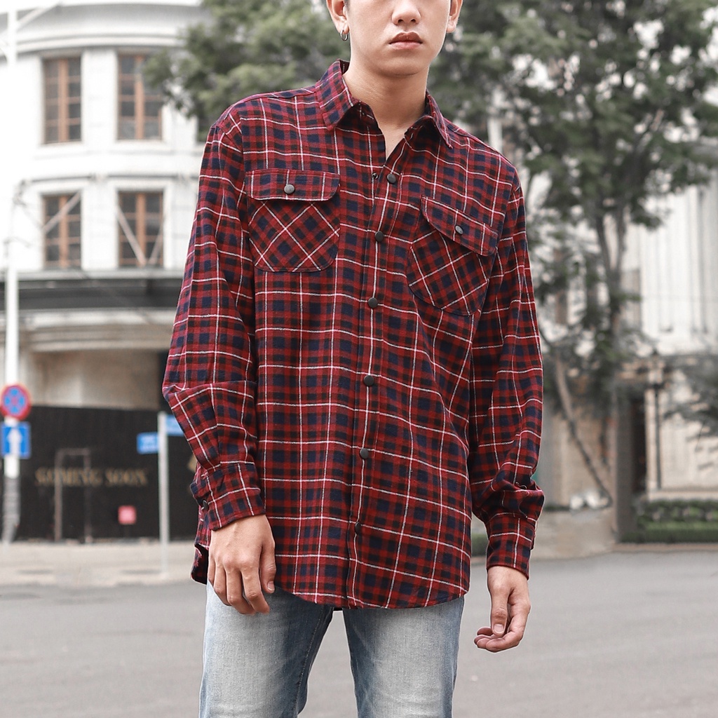 Áo Sơ Mi Flannel Sọc Tím Đen Chất Liệu Cotton Thoáng Mát