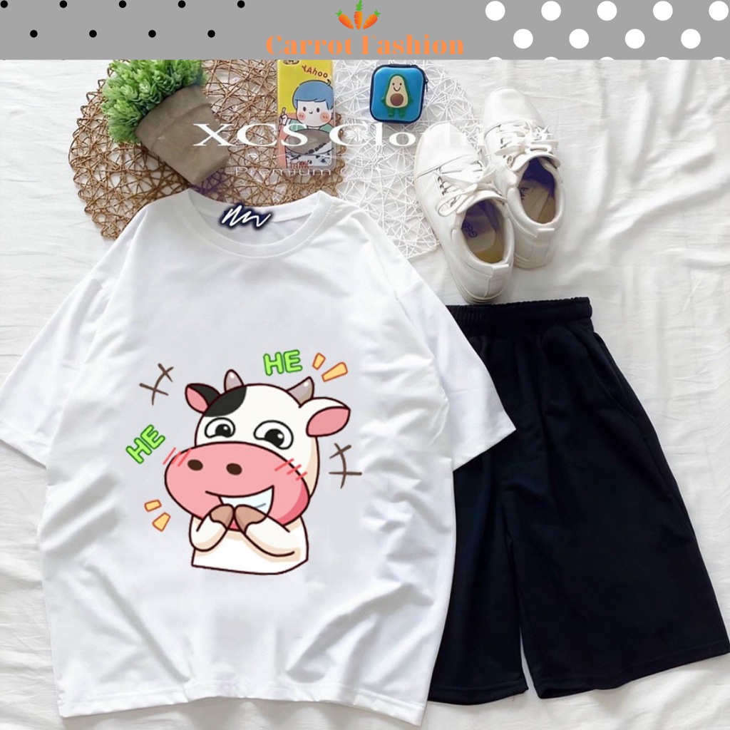 Sét Bộ Đồ Ngủ Nữ Mặc Nhà Siêu Xinh, Áo Thun Nữ Cotton In Bò Sữa  Mix Quần Short Đùi Nữ Phong Cách Thời Trang Hàn Quốc
