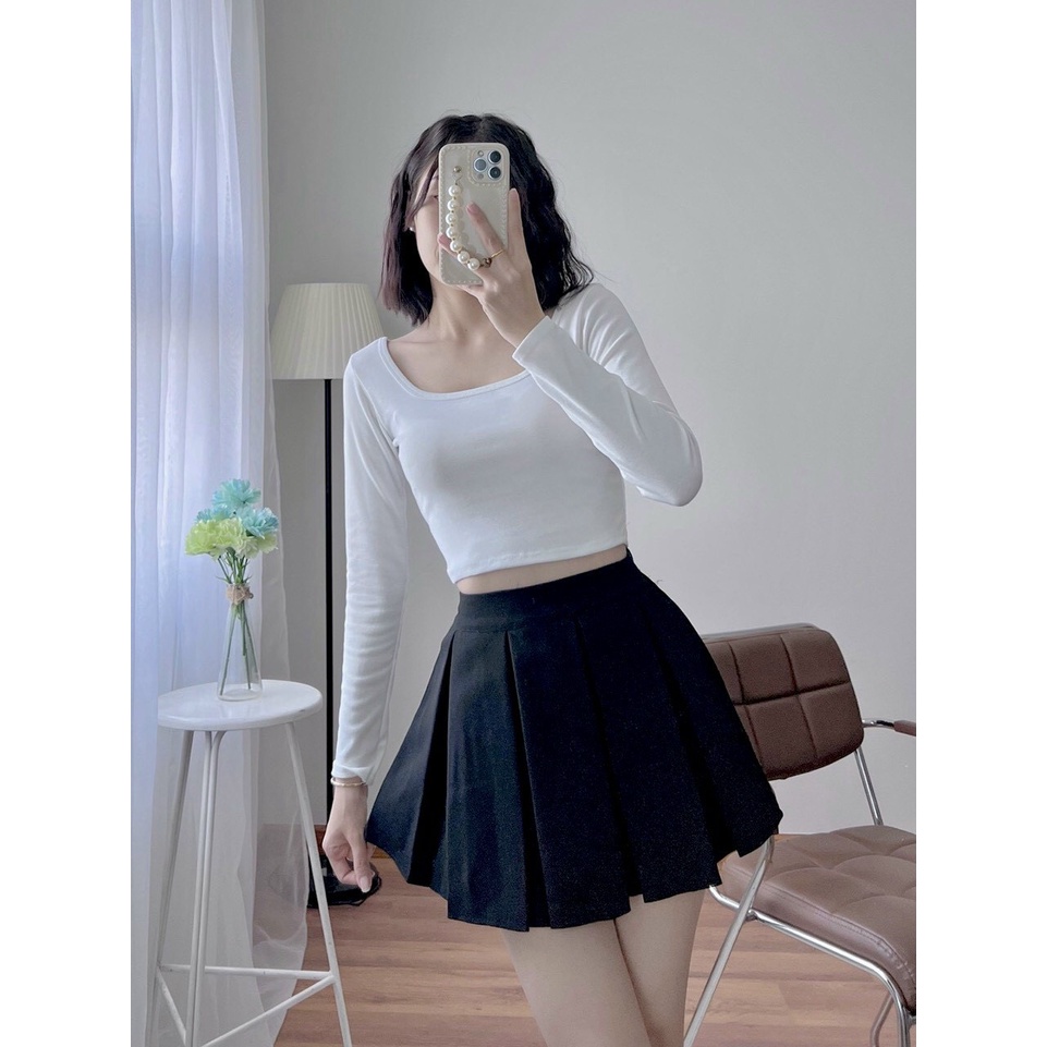 [ HÀNG SẴN + ẢNH THẬT ] ÁO THUN NỮ CỔ VUÔNG TRÒN TAY DÀI DÁNG ÔM - ÁO CROPTOP NHIỀU MÀU - HÀNG CHUẨN SHOP