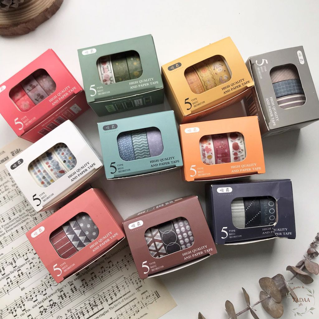 Set 5 washi tape họa tiết hoa lá vintage băng keo giấy caro trang trí sổ màu sắc