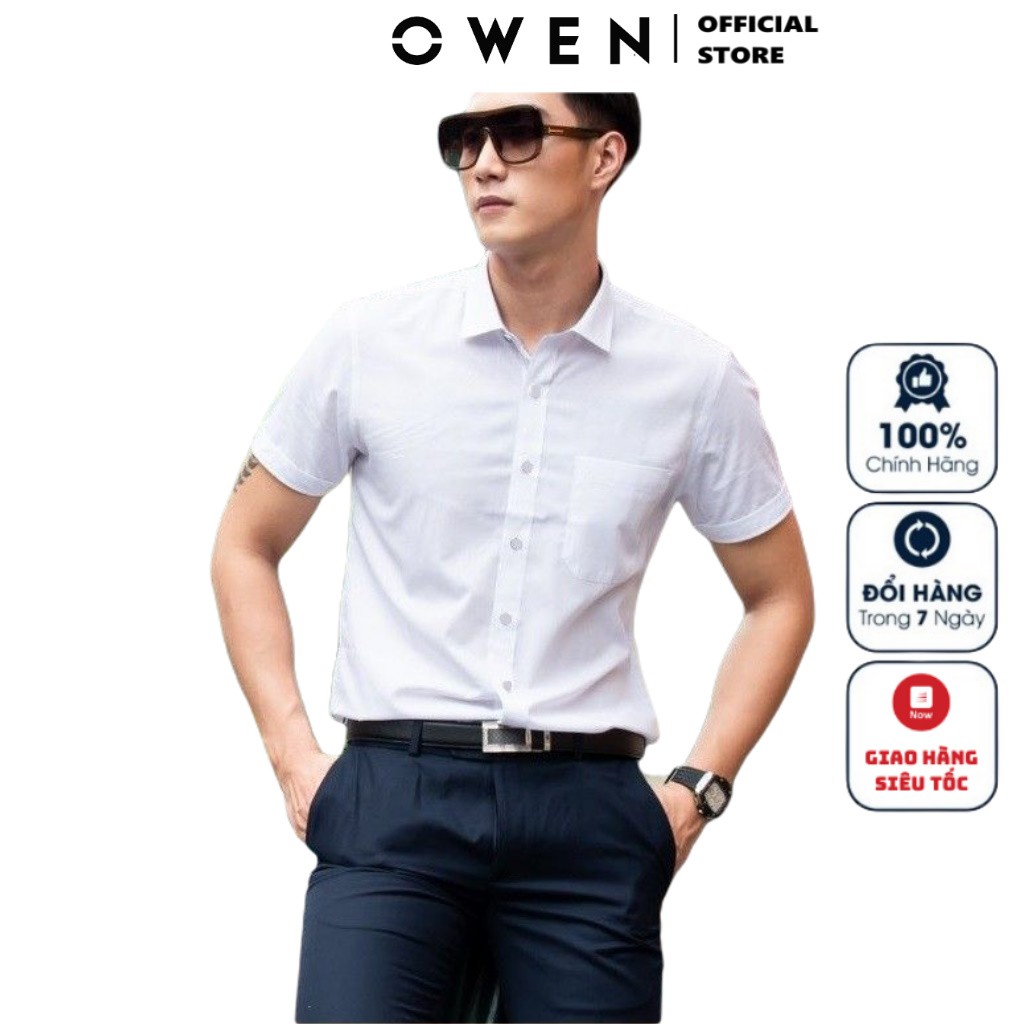 Áo Sơ Mi Nam Ngắn Tay Owen BA22111NT Somi Cộc Tay Công Sở Cao Cấp Màu Trắng Trơn Chất Nano Dáng Body Fit Tà Bằng