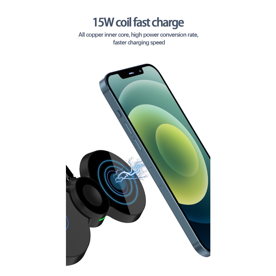 Đế Sạc Nhanh Không Dây 15W 3 Trong 1 Có Nam Châm Cho iPhone 13 12 11 X XS Pro Max Airpods Apple iWatch Samsung S21 S20