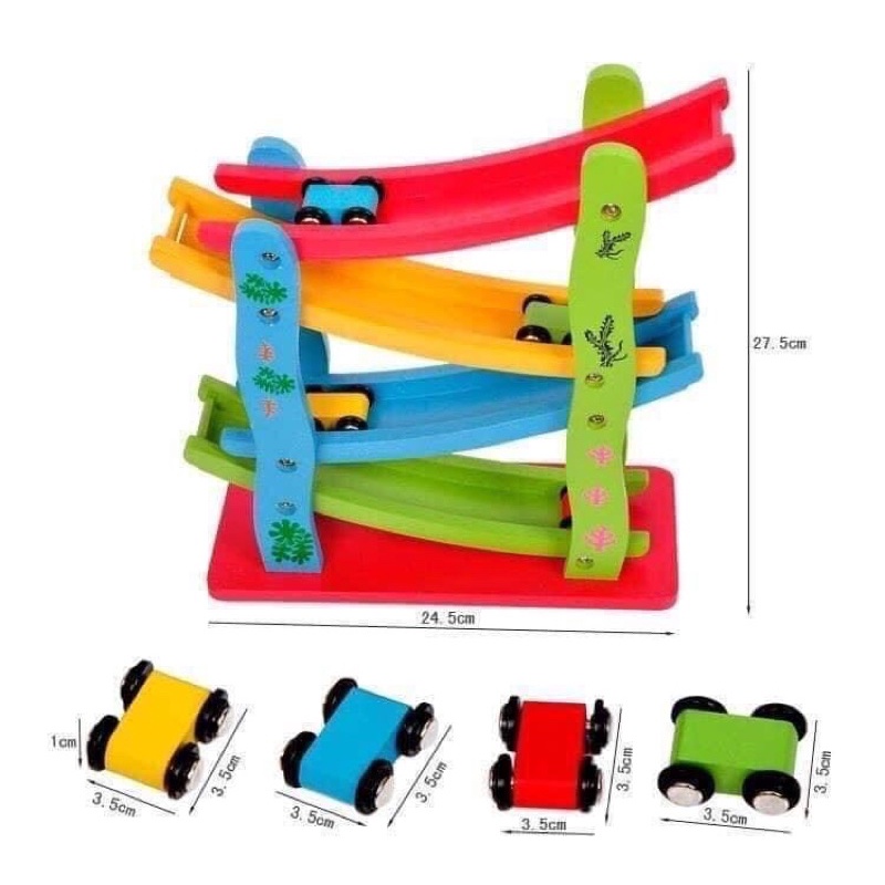 Cầu trượt 4 tầng bằng gỗ kèm 4 oto