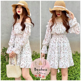 [Ảnh thật] Đầm bẹt vai voan hoa tay bo loe phối ren vintage