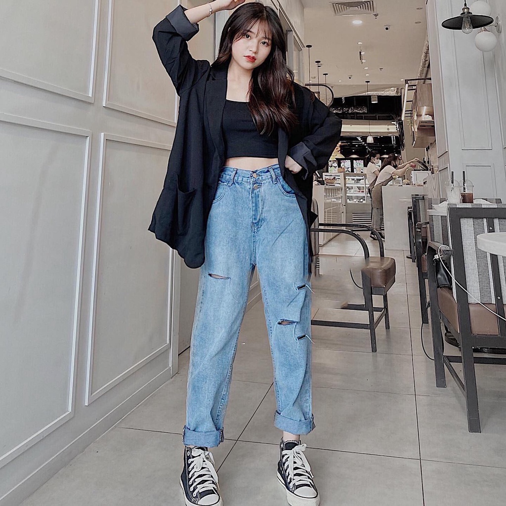 Quần Jean Nữ Baggy Cạp Cao Jeans Xanh Rách Gối Lưng Chun Phong Cách Cá Tính Năng Động Chất Liệu Denim Dày Dặn PLO 2207