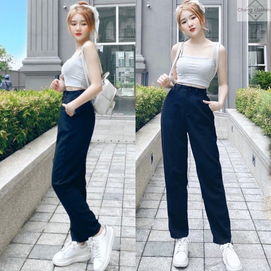 Quần tây nữ lưng cao đi học dáng dài màu xanh đen cạp có đai ống đứng Quần tây baggy nữ cạp cao đi học sinh cấp 2 3 đẹp