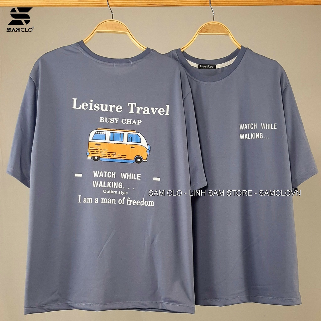 Áo thun nữ tay lỡ SAM CLO freesize phông form rộng Unisex, mặc lớp, nhóm, cặp in chữ leisure travel hình XE BUS
