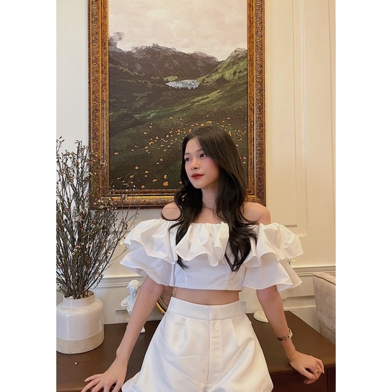 Áo croptop trễ vai Midi Shop, croptop tay ngắn bánh bèo có thun ngực hai tầng