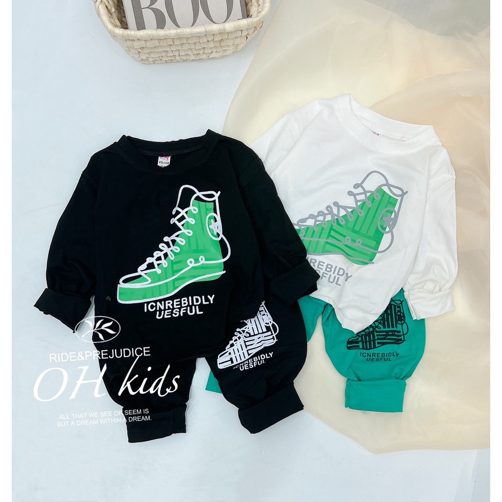 Bộ quần áo bé trai, set bộ quần áo chất cotton QC loại 1 họa tiết chiếc giầy xanh cá tính cho bé