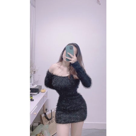Đầm lông trễ vai tay dài freesize dưới 51kg - hình thật Carotshop | BigBuy360 - bigbuy360.vn
