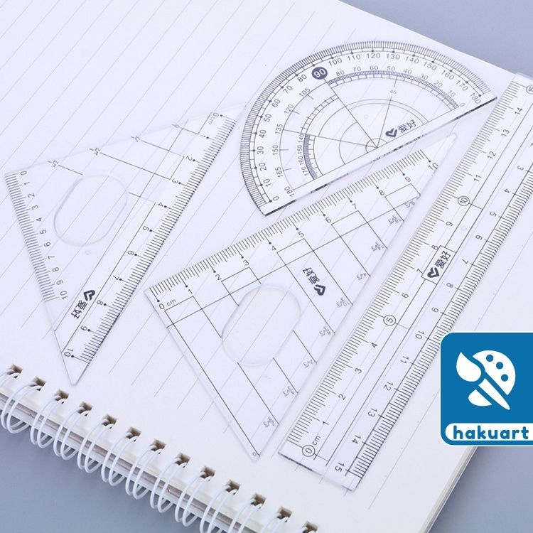 Bộ Compa học toán hình học 8 món gồm thước kẻ, thước đo độ, eke, gôm bút chì bấm và ngòi thay - Họa Cụ  Hakuart