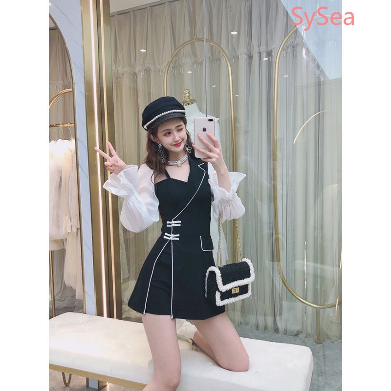 Plus Đầm Lưới Tay Dài Phối Nút Phong Cách Retro Cho Nữ