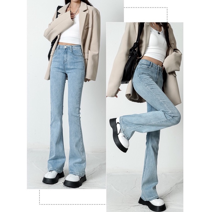 Quần Jeans Nữ MIAA Ống Loe Lưng Cao Xám Tro Cá Tính