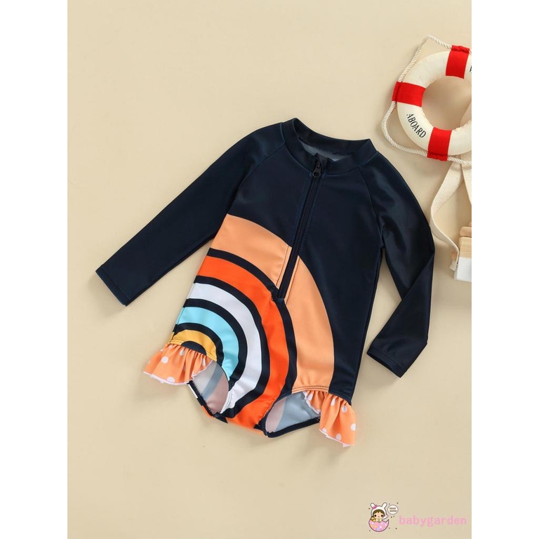 Bộ đồ bơi liền thân cổ tròn tay dài phối bèo in họa tiết cầu vồng dễ thương cho bé gái 2-7 tuổi
