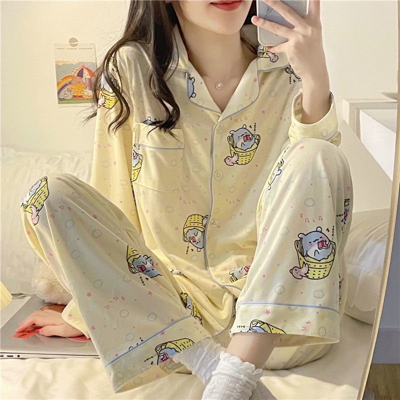 Bộ Đồ Ngủ Tay Dài In Họa Tiết Hoạt Hình Dễ Thương Phong Cách Hàn Quốc Thời Trang Mùa Thu Cho Nữ