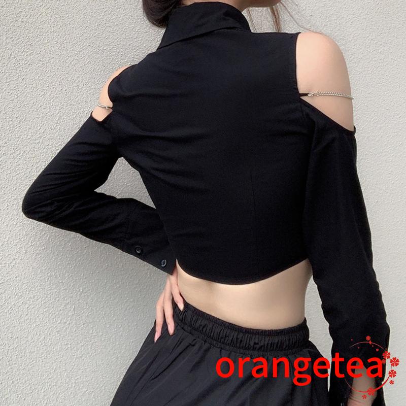 Áo Croptop Trễ Vai Tay Dài Màu Sắc Ngọt Ngào Phối Dây Xích Thời Trang Cho Nữ