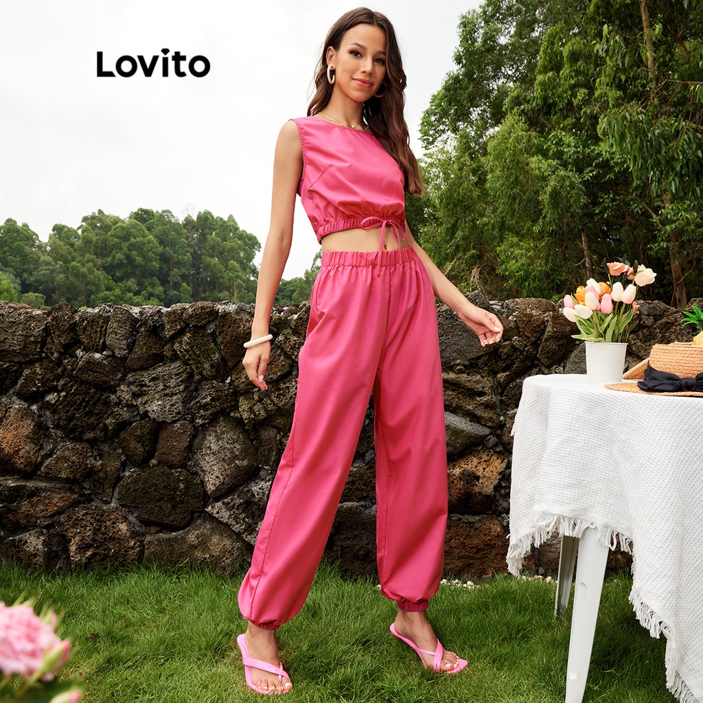 Lovito Bộ quần áo không tay có ren trơn đơn giản L24LD058 (Hồng nóng)