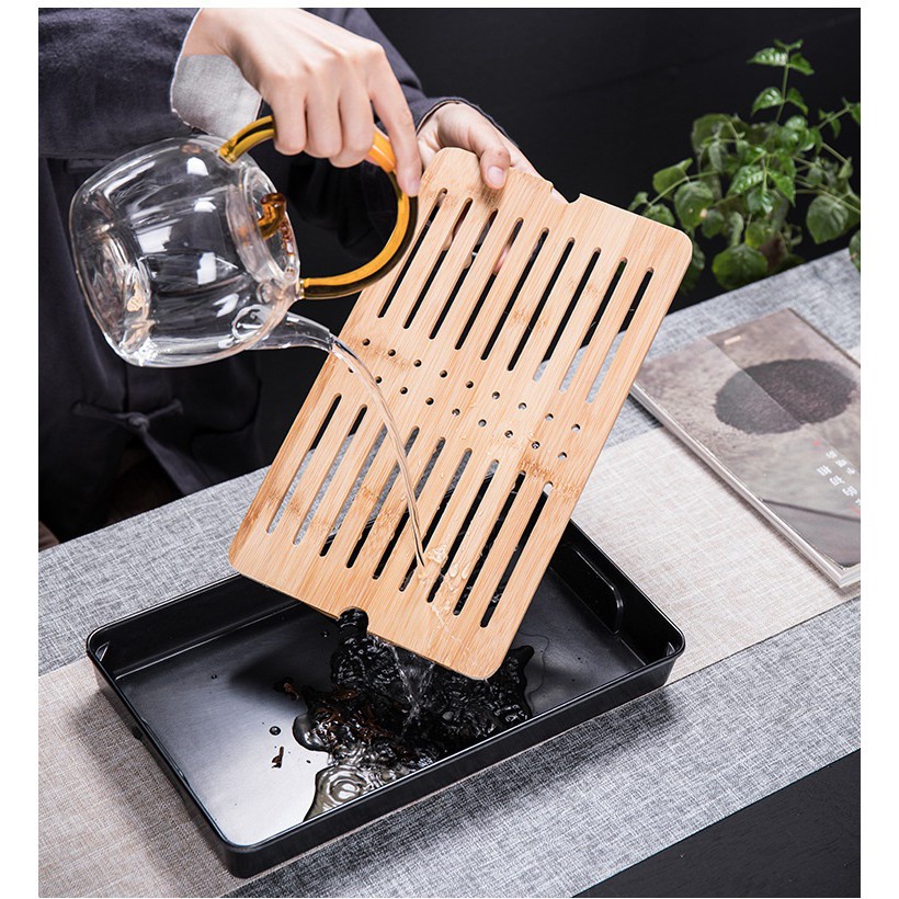 Khay Trà Tre 43cm x 26.5cm - Siêu To - Bàn Trà Gỗ Tre - Khay Trà Đạo Có Khay Đựng Nước Tiện Lợi Cao Cấp - Gỗ Dày Và Thơm