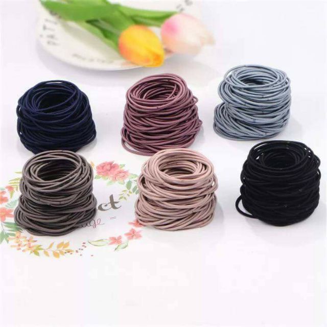 Set 100 dây buộc tóc trơn kèm túi zip siêu xinh,thun cột tóc co dãn nhiều màu