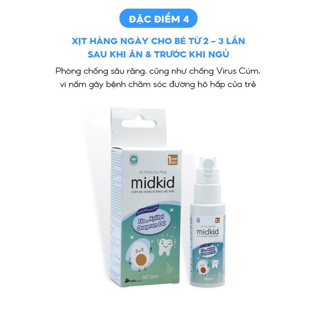 Xịt chống sâu răng Midkid cho bé từ 1 tuổi giúp làm sạch mảng bám ố vàng, bảo vệ men răng, vị nho ngọt 30ml nuốt an toàn