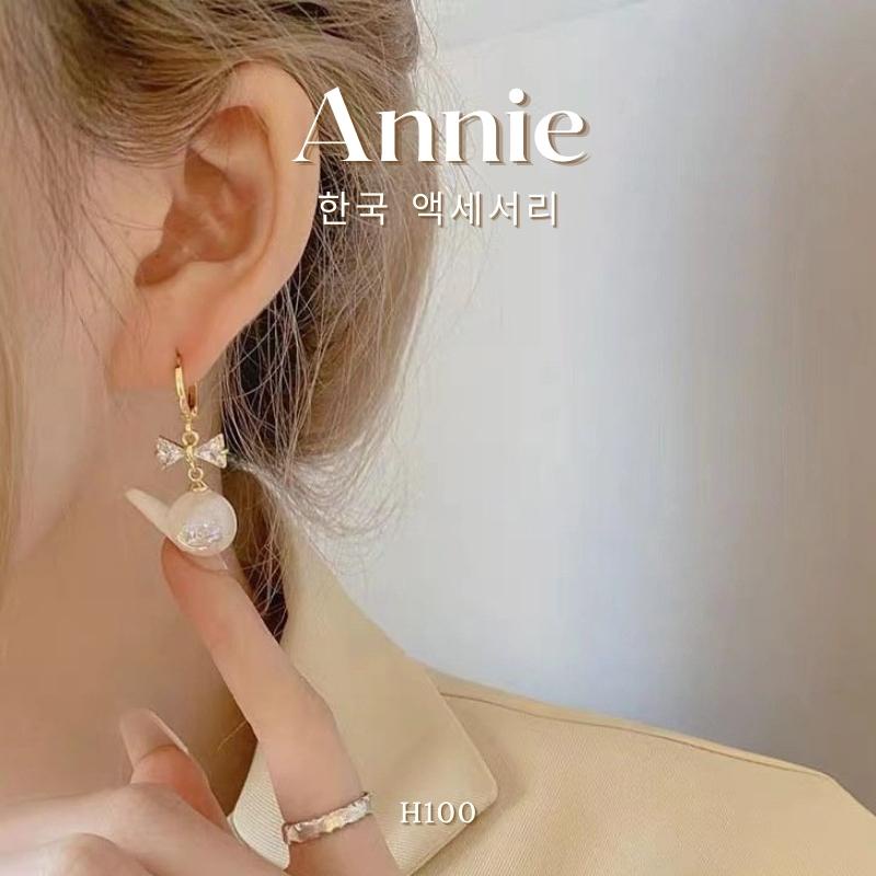 Bông tai ngọc trai nhân tạo hình nơ đính đá pha lê phong cách nữa tính ANNIE H99