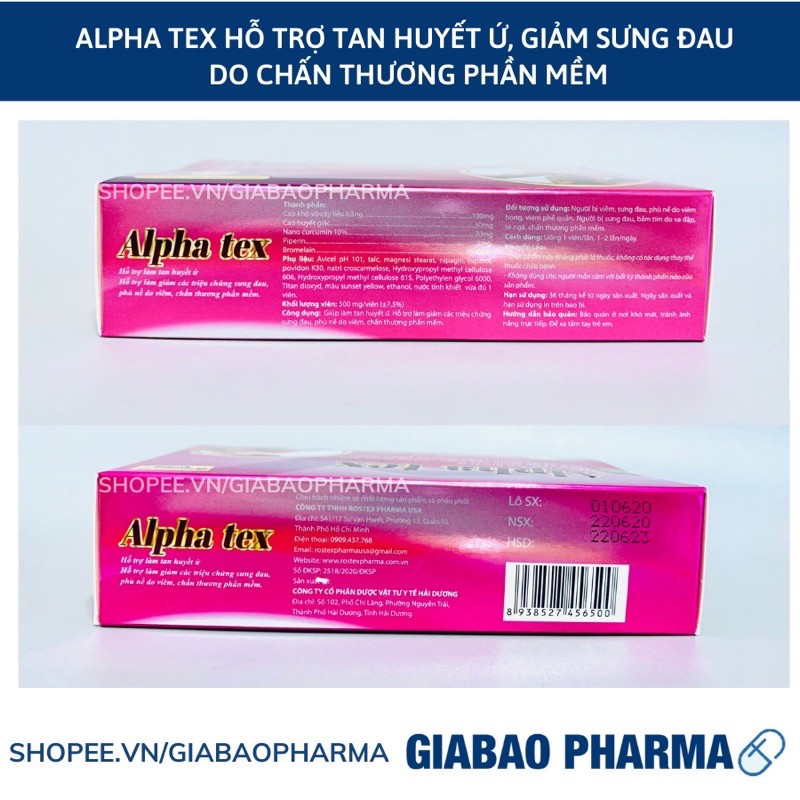 Tan máu bầm ALPHA TEX hỗ trợ tan huyết ứ, giảm các triệu chứng sưng, đau do viêm, chấn thương phần mềm - Hộp 30 viên