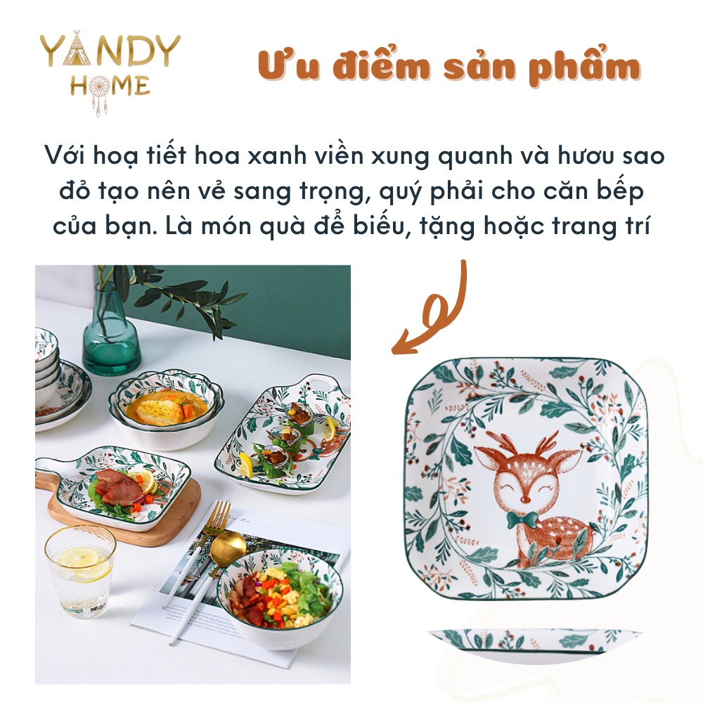 Bát đĩa tô chén gốm sứ YANDY HOME BB03 họa tiết hươu sao 18 món men bóng