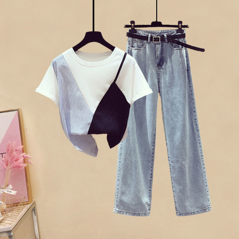 Set Áo Thun Ngắn Tay Giả Hai Lớp + Quần Jeans Dài Lưng Cao Thời Trang Hàn Cho Nữ