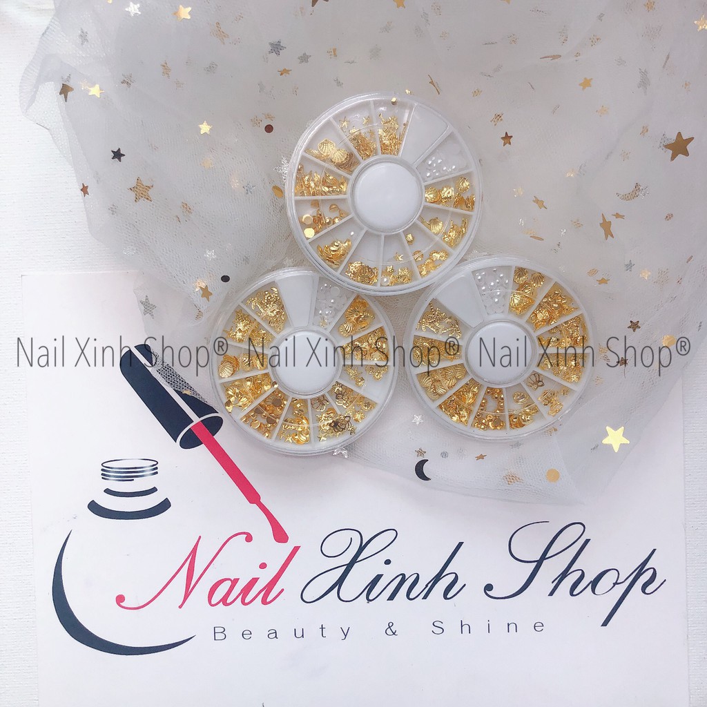 Khay tròn trang trí móng nail,charm nail, đá nail, phụ kiện nail art (phụ kiện mạ vàng)