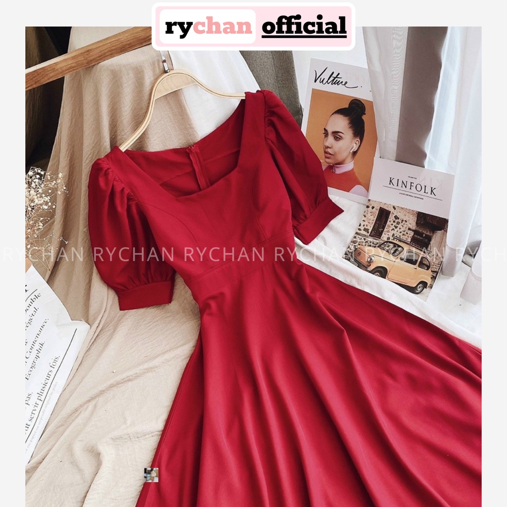 Đầm Xòe Midi Trơn Cổ Vuông Tay Phồng [Ảnh Thật Cuối] - DX0087