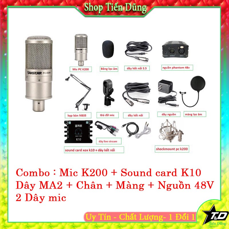 COMBO MIC TAKSTAR PC K200 SOUND CARD K10 CHÂN ĐẾ MÀNG LỌC DÂY LIVE STREAM MA2