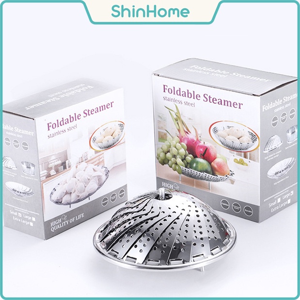 Vỉ hấp gấp gọn inox cao cấp - có chân đế, núm cầm (Hàng nhập, có hộp)