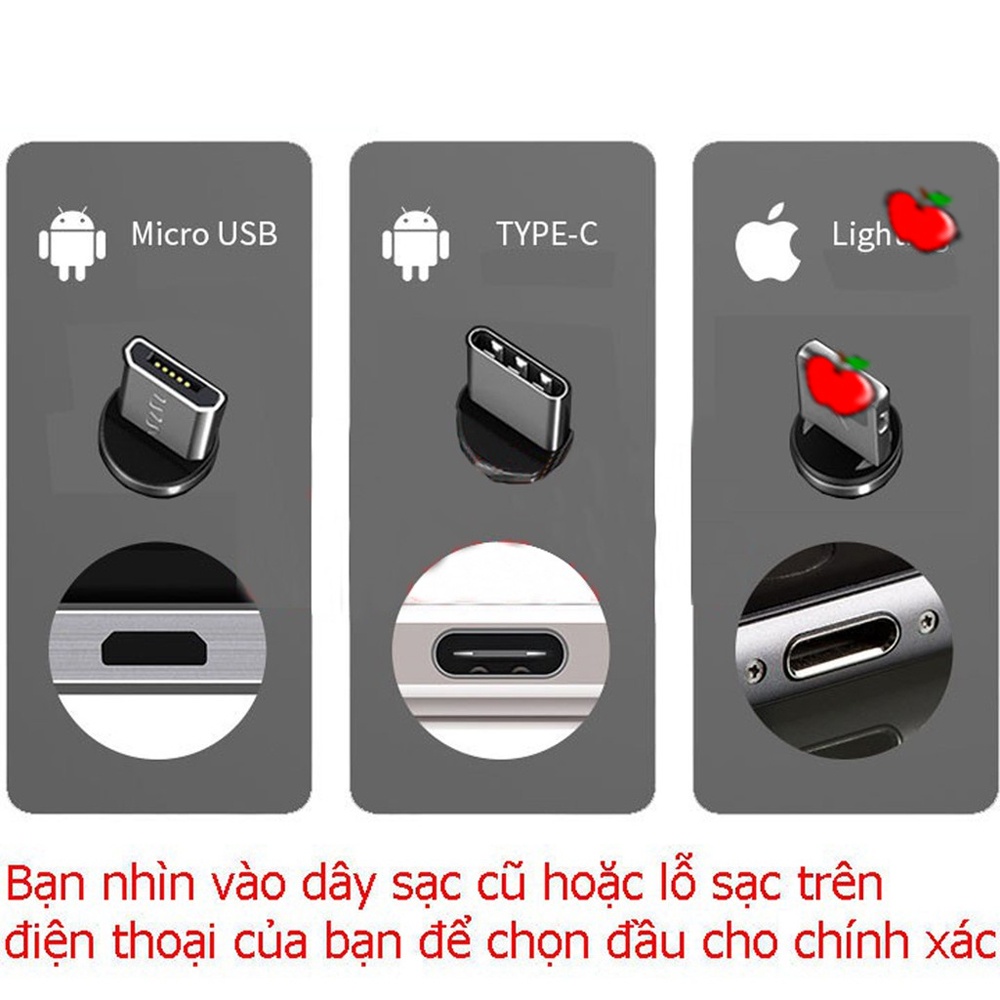 Cáp sạc từ hít nam châm 3 đầu Android và iP 360 độ dây dù,có LED casealpha