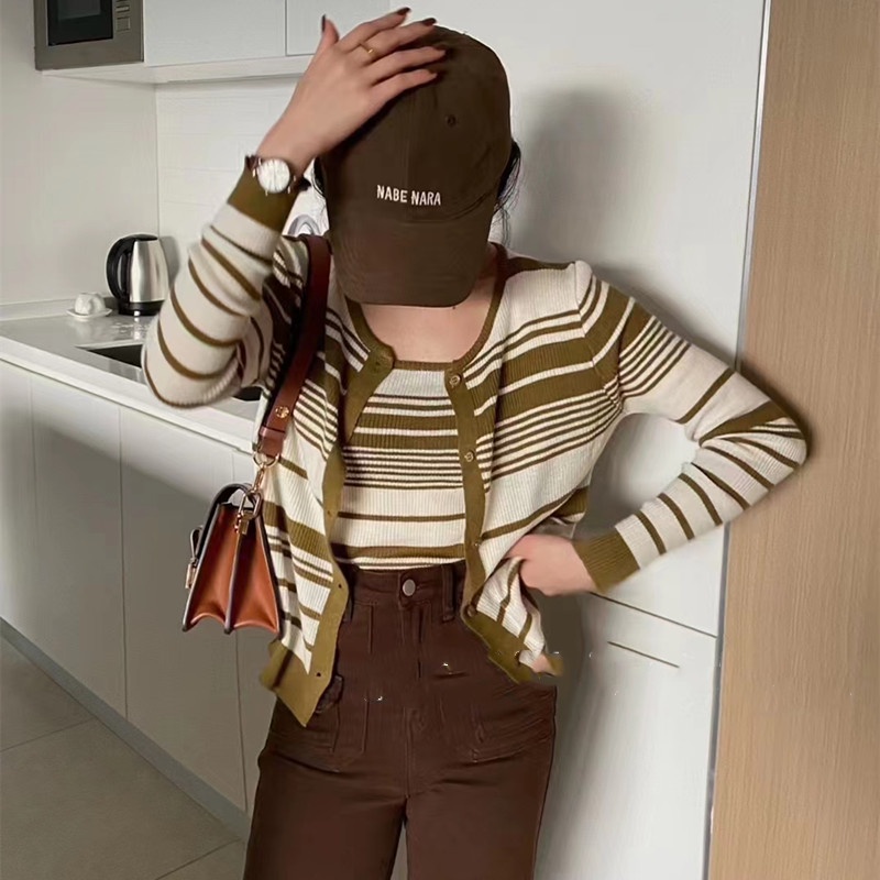 SUXI Áo Cardigan Dệt Kim Hai Mảnh Dáng Ôm Kẻ Sọc Thời Trang Mùa Thu Phong Cách Hàn Quốc Cho Nữ