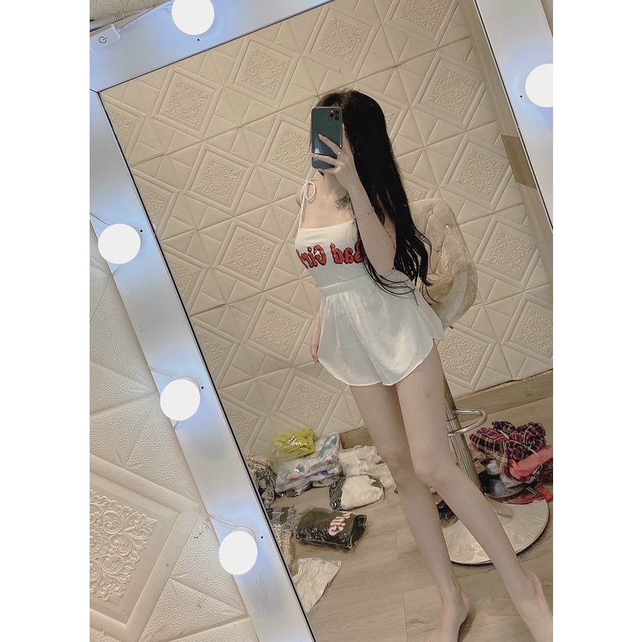 Sét bộ áo hai dây croptop in chữ girl phối quần đùi cực xinh , chất thun gân mềm mịn