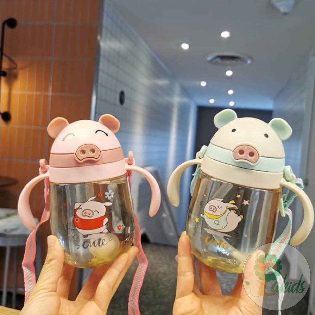 Bình nước cho bé hình heo siêu cute, bình tập uống nước cho bé có tay cầm tiện lợi 350ml - Lakids
