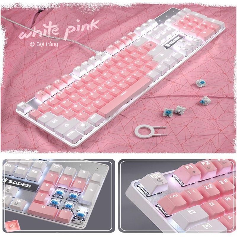 Bàn phím cơ SADES 104 màu xanh và trắng trong mờ trục anh đào PBT khắc laser cá tính DIY keycaps