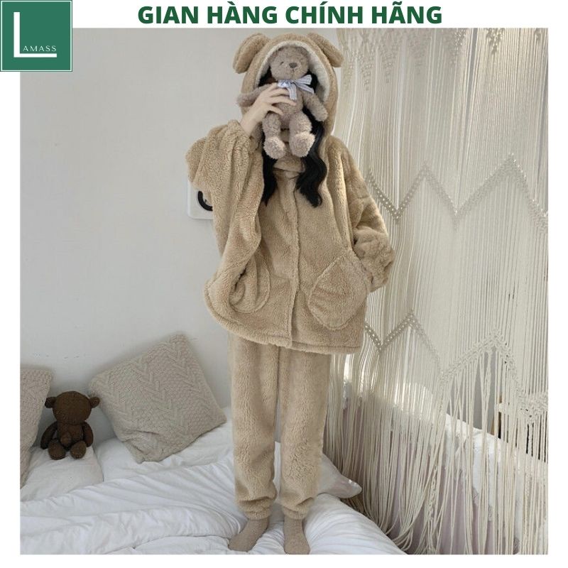 Bộ đồ lông gấu có mũ mặc nhà đáp cổ kiểu dáng hàn quốc ulzzang ,bộ ngủ ấm áp mùa đông kute dễ thương - LAMASS