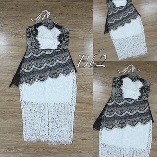 Đầm body ren cổ yếm phối màu (trắng, đen)