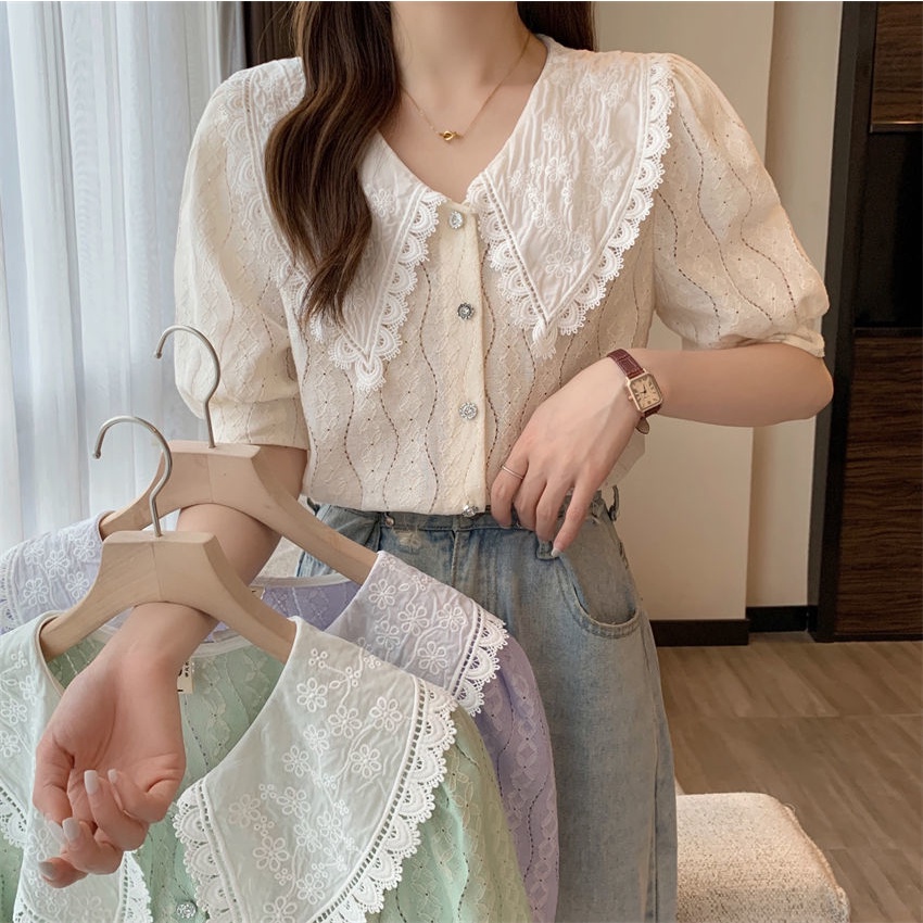 Áo Sơ Mi Trắng Tay Ngắn Cổ Búp Bê Phong Cách Hàn Quốc Ngọt Ngào Thời Trang Mùa