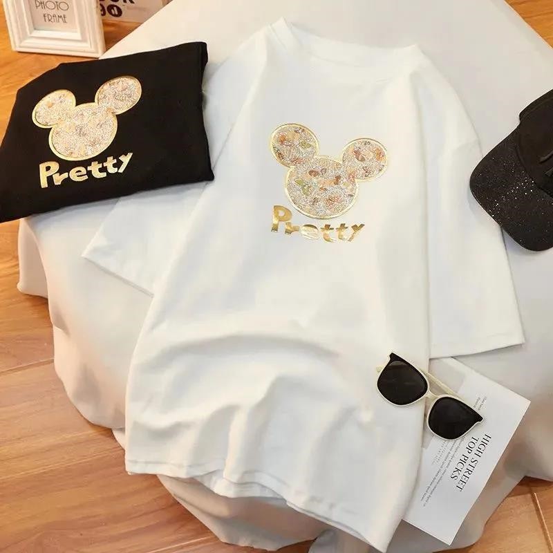 Áo Thun Mùa Hè Tay Cộc Cổ Tròn In Hình Mickey Thời Trang Hàn Quốc Cho Nữ 2021